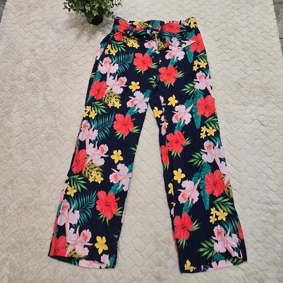 Soft Surroundings Pants - Soft Surroundings Navy Blue Floral Belted Pants, Size Small
